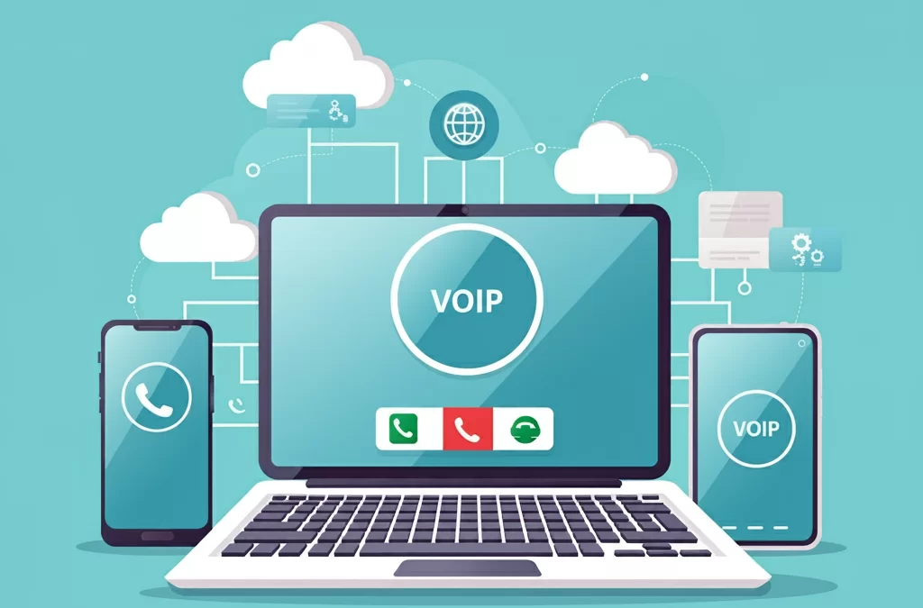 VoIP Services, A digital illustration showcasing VoIP technology, featuring a laptop, smartphones, and cloud-based connectivity symbols, representing communication through Voice over Internet Protocol.
