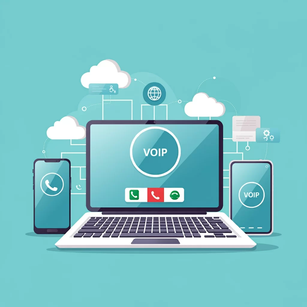 VoIP Service Discover the Best in Canada: VoIP Service by Western I.T. Group 1 VoIP Services, A digital illustration showcasing VoIP technology, featuring a laptop, smartphones, and cloud-based connectivity symbols, representing communication through Voice over Internet Protocol.