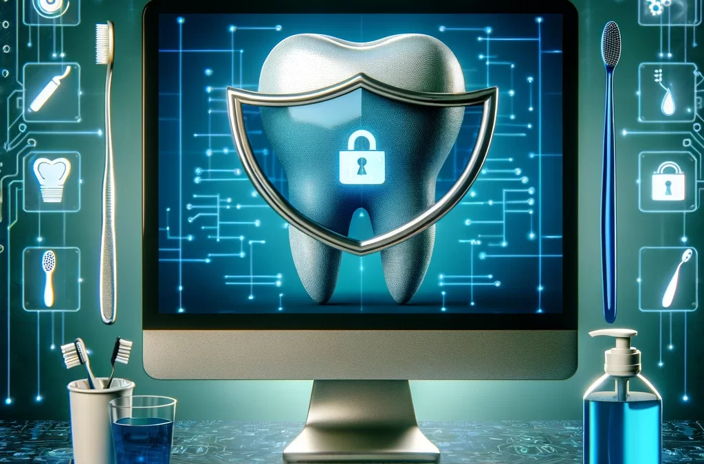 Digital toothbrush with binary code bristles and cyber security elements, symbolizing the fusion of dental hygiene and cyber protection in a dental clinic setting.