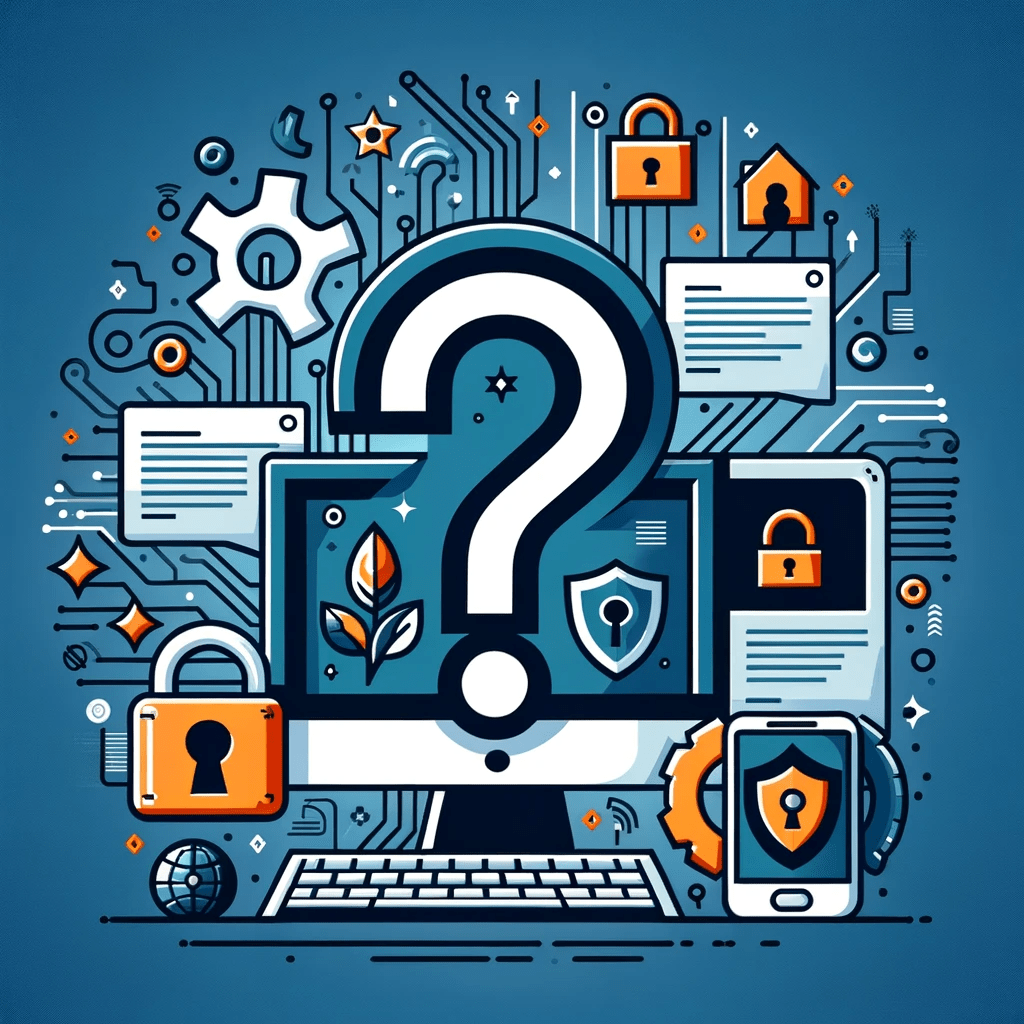 Illustration showcasing the fusion of IT Support and Cybersecurity in a FAQ setting with question marks, a digital device, and security icons.
