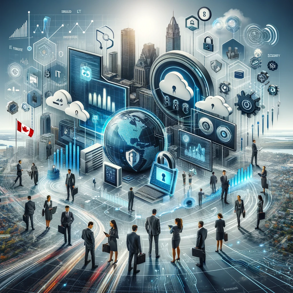 Understanding of Managed IT Services Costs. Leveraging managed IT services has become crucial for maintaining a competitive edge Illustration of IT professionals collaborating around digital interfaces with cloud computing, security icons, and growth graphs, against a backdrop featuring elements of London, Ontario, and a Canadian flag.
