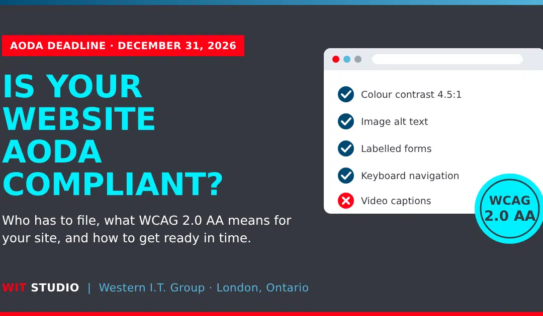 Ontario business website accessibility checklist showing colour contrast, alt text, labelled forms and keyboard navigation for the AODA December 31, 2026 deadline
